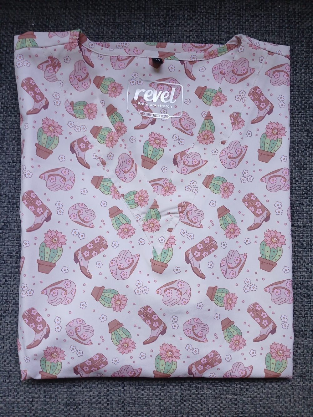 Women's 1X Scrub Top Pink Cactus & Cowboy Print